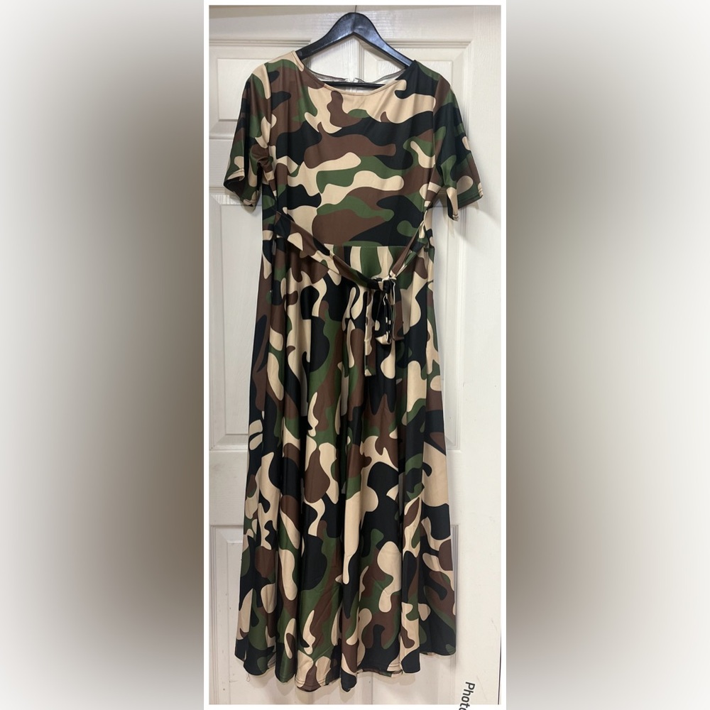 Camouflage Print Dress with Belt